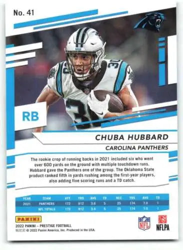 Chuba Hubbard football card from 2022 Panini Prestige with original gloss finish