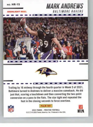 Football trading card of Mark Andrews celebrating in Panini Prestige Highlight Reel