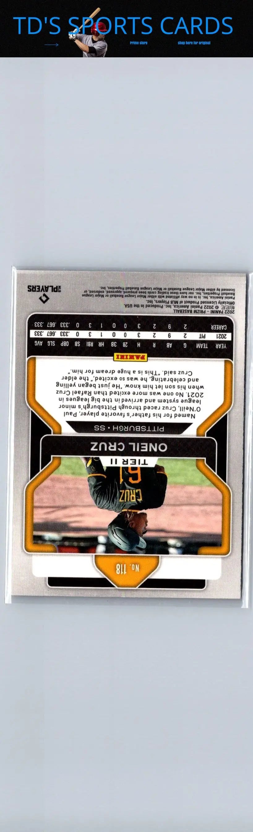 O’Neil Cruz baseball card from 2022 Panini Prizm series featuring sports collectibles