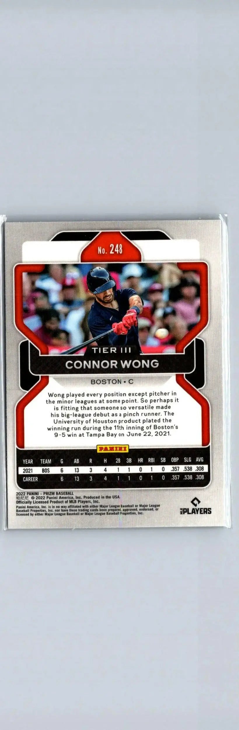Connor Wong baseball card from 2022 Panini Prizm series featuring Panini Prizm branding