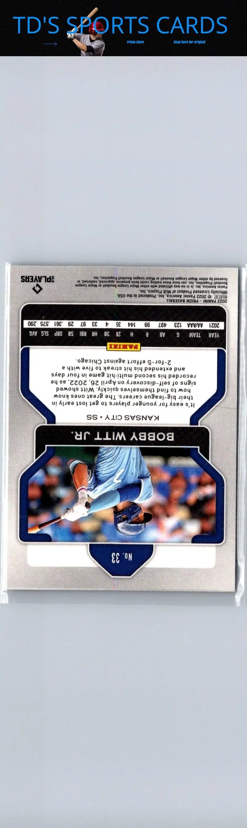 Baseball card featuring Bobby Witt Jr. from 2022 Panini Prizm series