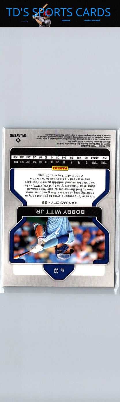 Baseball card featuring Bobby Witt Jr. from 2022 Panini Prizm series