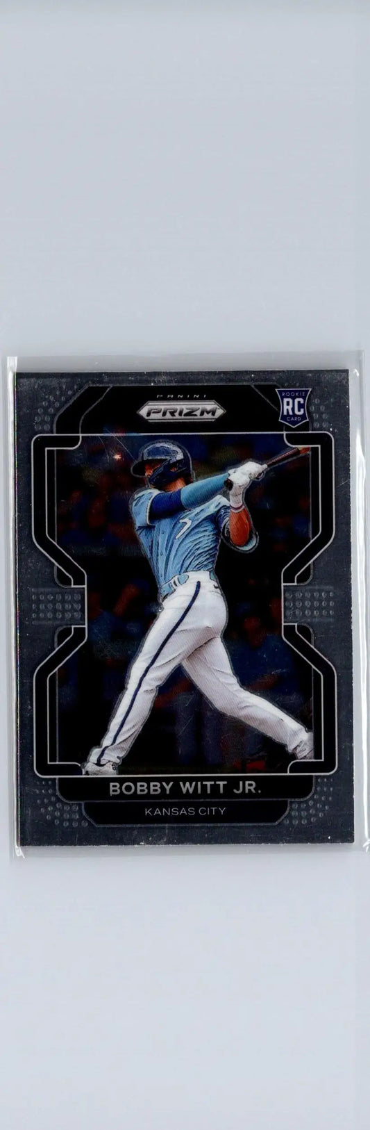 2022 Panini Prizm Bobby Witt Jr. baseball card showing Bobby Witt action shot