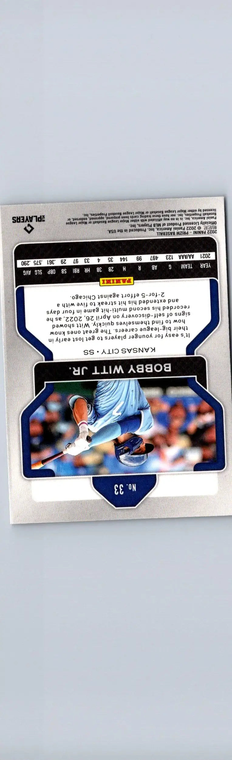 Baseball card featuring Bobby Witt Jr. from 2022 Panini Prizm series