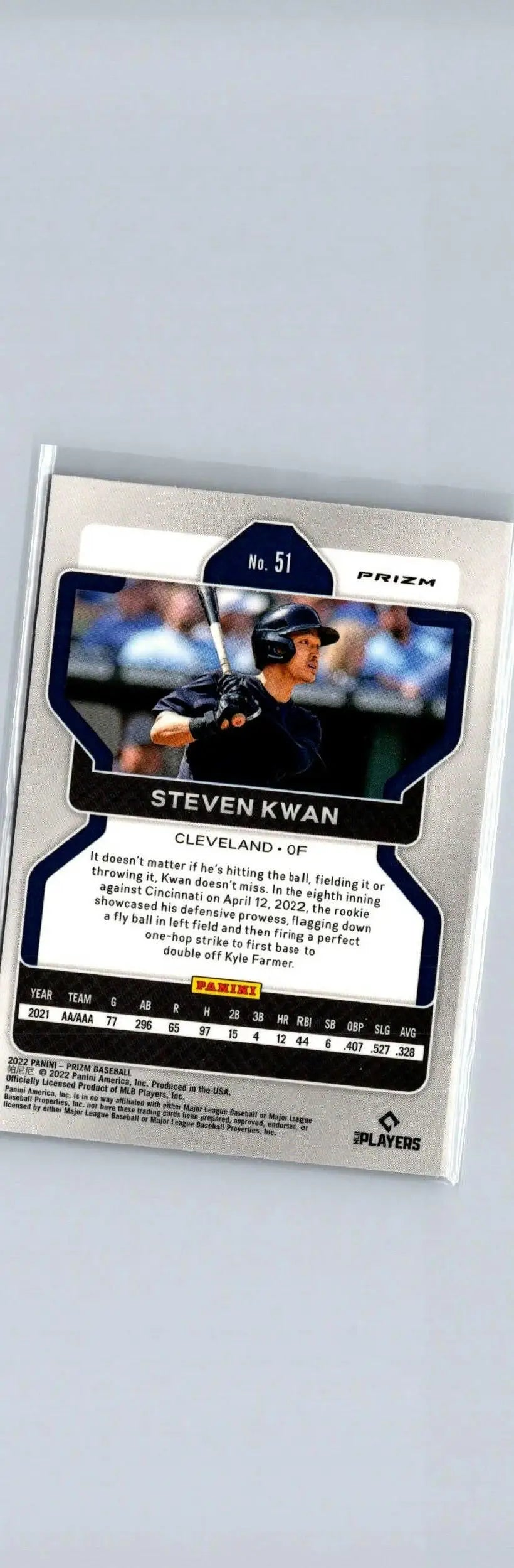 Steven Kwan baseball card from 2022 Panini Prizm series displayed in a product