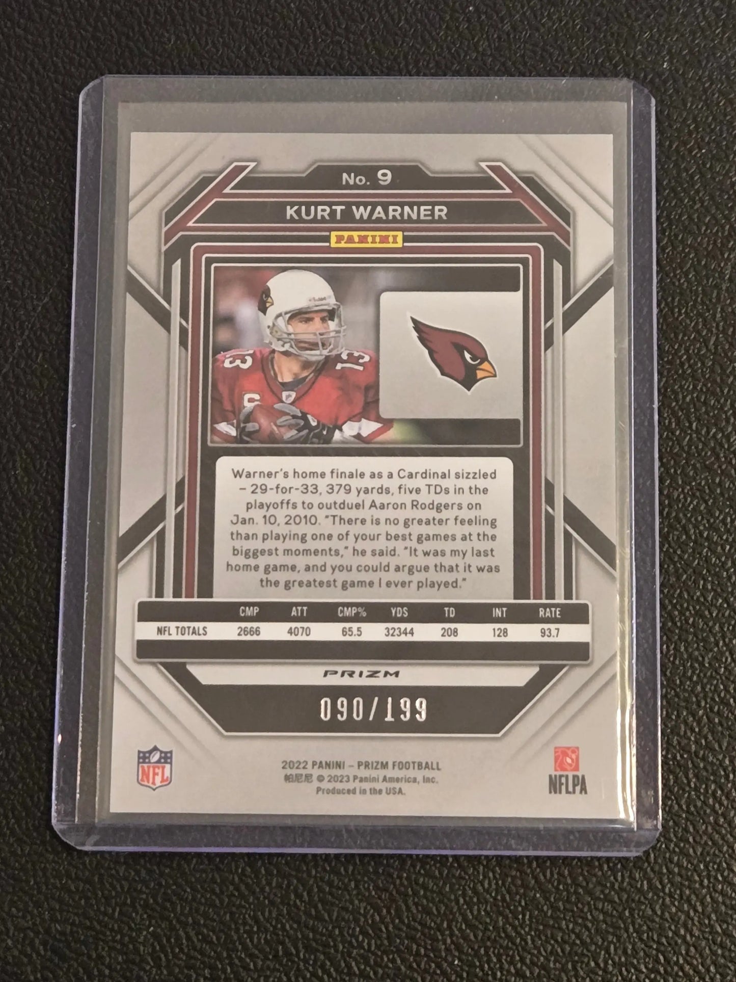 Kurt Warner Blue Wave trading card numbered 090/199 from 2022 Panini Prizm