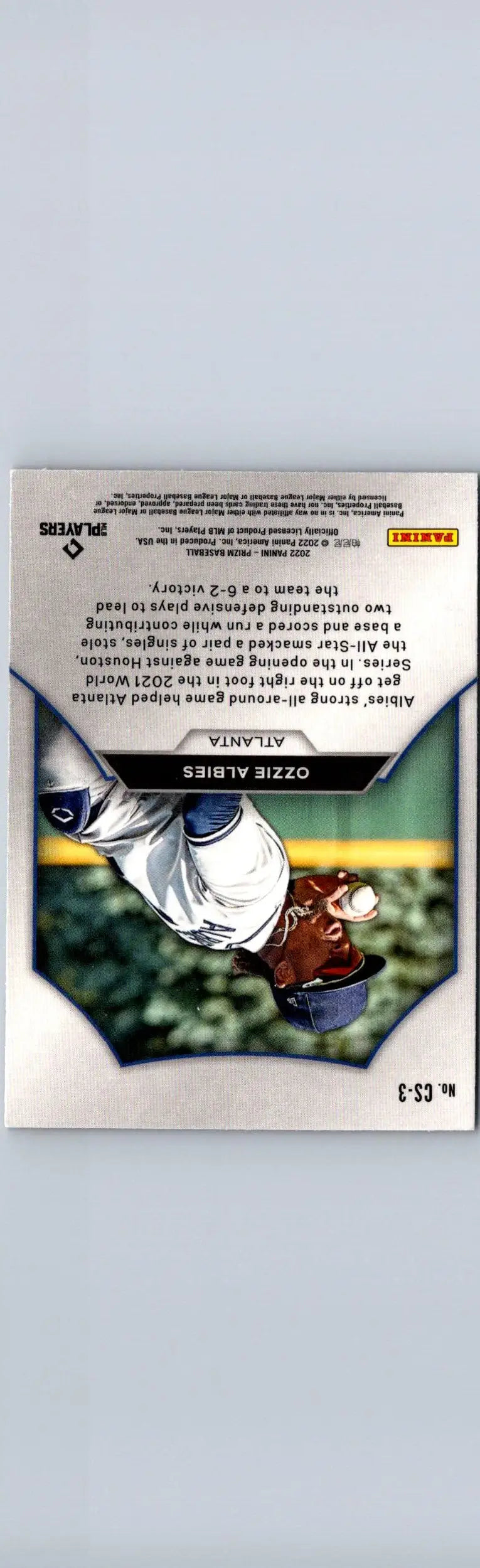 Baseball card of Ozzie Albies from the 2022 Panini Prizm Championship Stage series