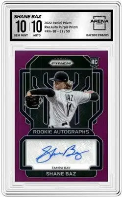 Autographed rookie baseball card of Shane Baz from 2022 Panini Prizm Shane Baz series