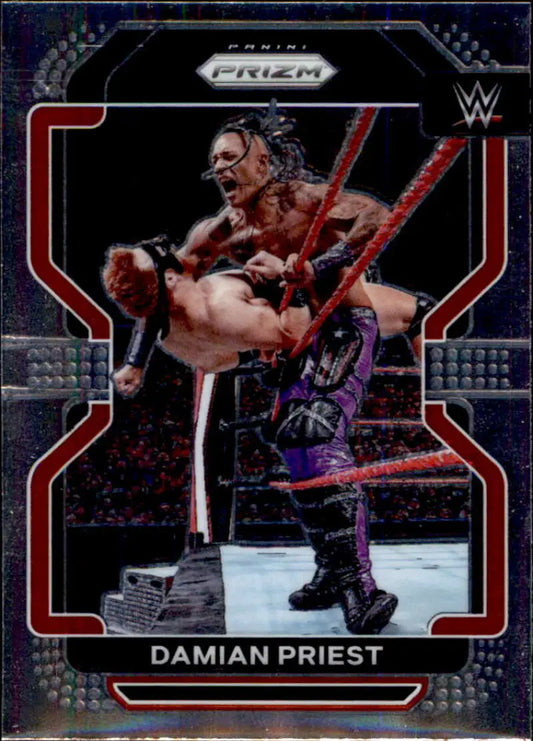 WWE trading card of Damian Priest performing a high-flying move in Panini Prizm set