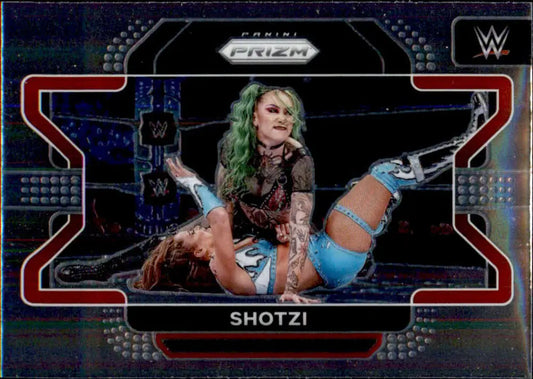 WWE Prizm trading card of Shotzi performing a submission move in SmackDown action