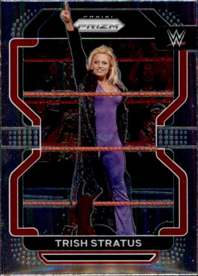 WWE trading card of Trish Stratus in purple outfit, Panini Prizm WWE Legend collectible