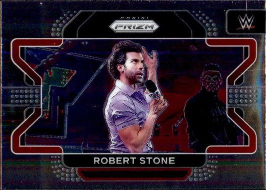 WWE Prizm trading card of Robert Stone in a purple shirt with hand gesture