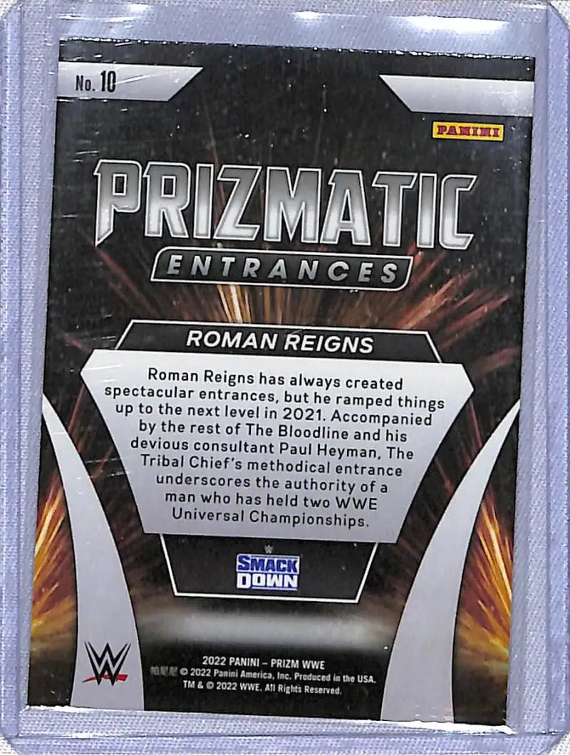 WWE Prizmatic Entrances trading card back featuring Roman Reigns from Panini Prizm WWE