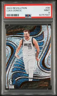 Basketball card of Luka Dončić from Panini Revolution Luka Doncic series in PSA 9