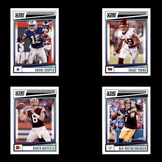 Four Panini Score NFL football cards from the 2022 Complete Your Set collection