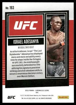 UFC Israel Adesanya trading card from 2022 Panini Score UFC series