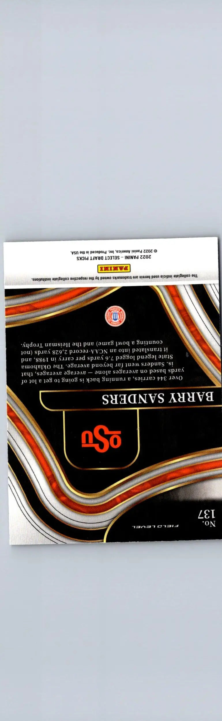Black, white, and orange sports trading card of Barry Sanders from Panini Select Draft Picks