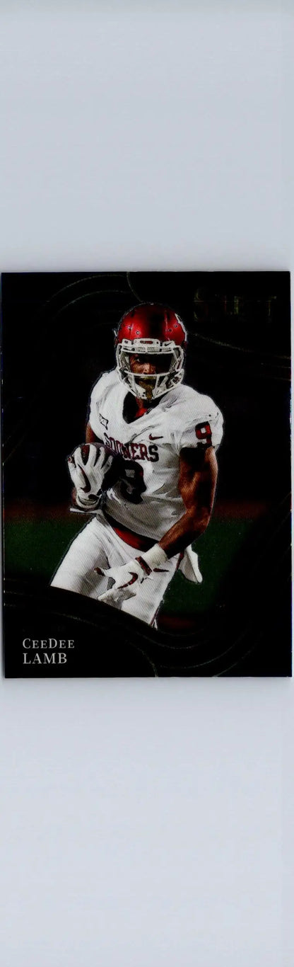 Football trading card of CeeDee Lamb in white jersey with red helmet from Panini Select Draft