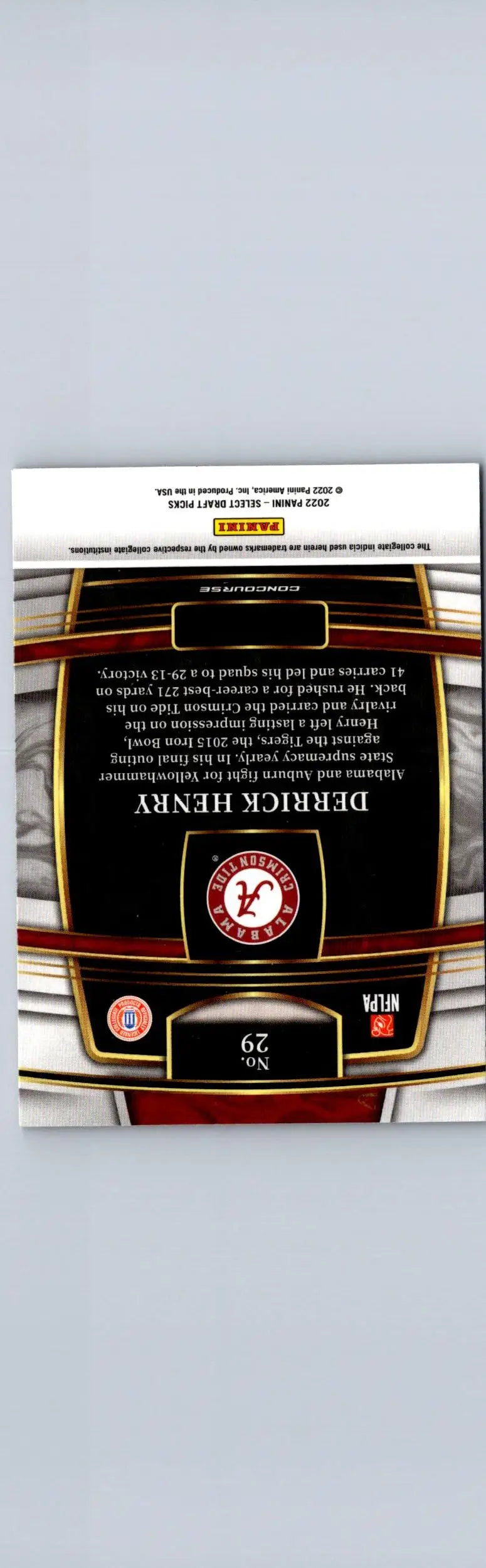 Football trading card featuring Derrick Henry from Panini Select Draft Picks with Alabama Crimson Tide logo