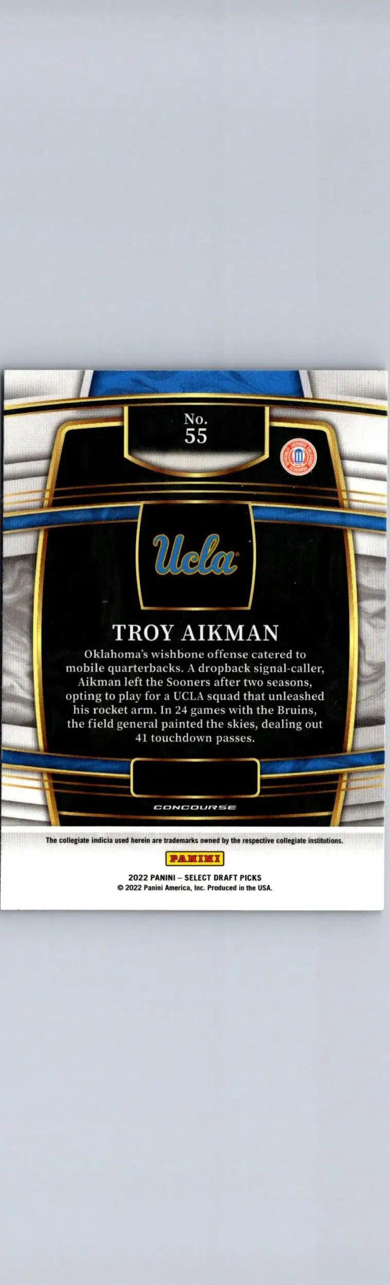 Troy Aikman UCLA football card from 2022 Panini Select Draft Picks collection