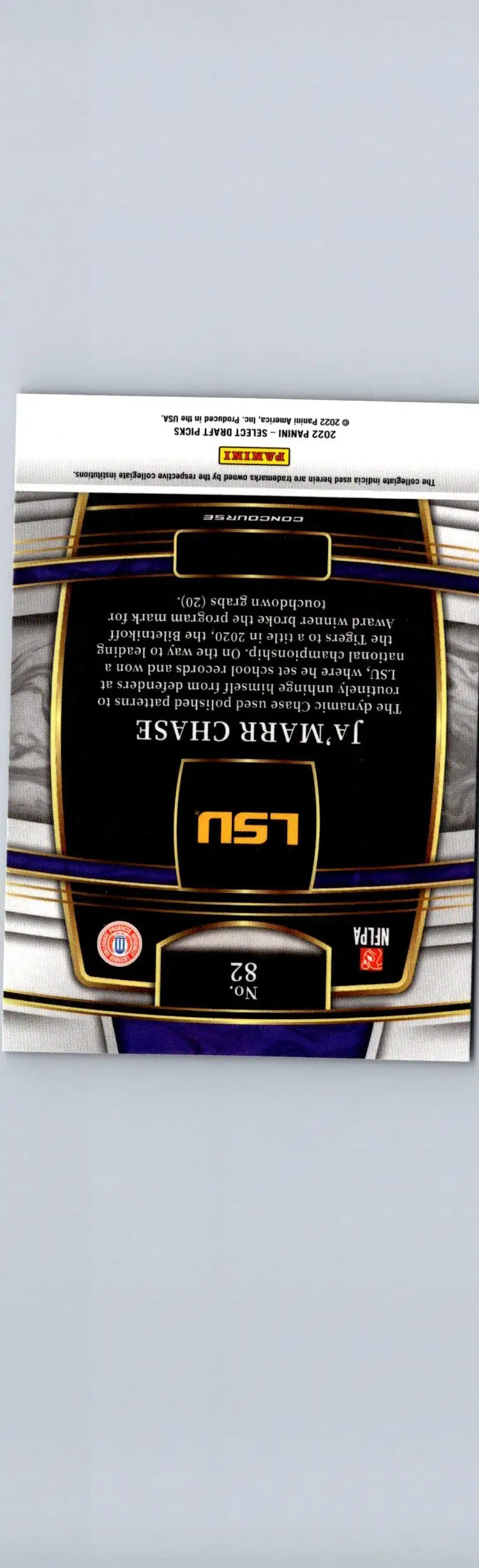 Back of a Panini Select Draft Picks Ja’Marr Chase football trading card from 2022 Panini Select Draft Picks