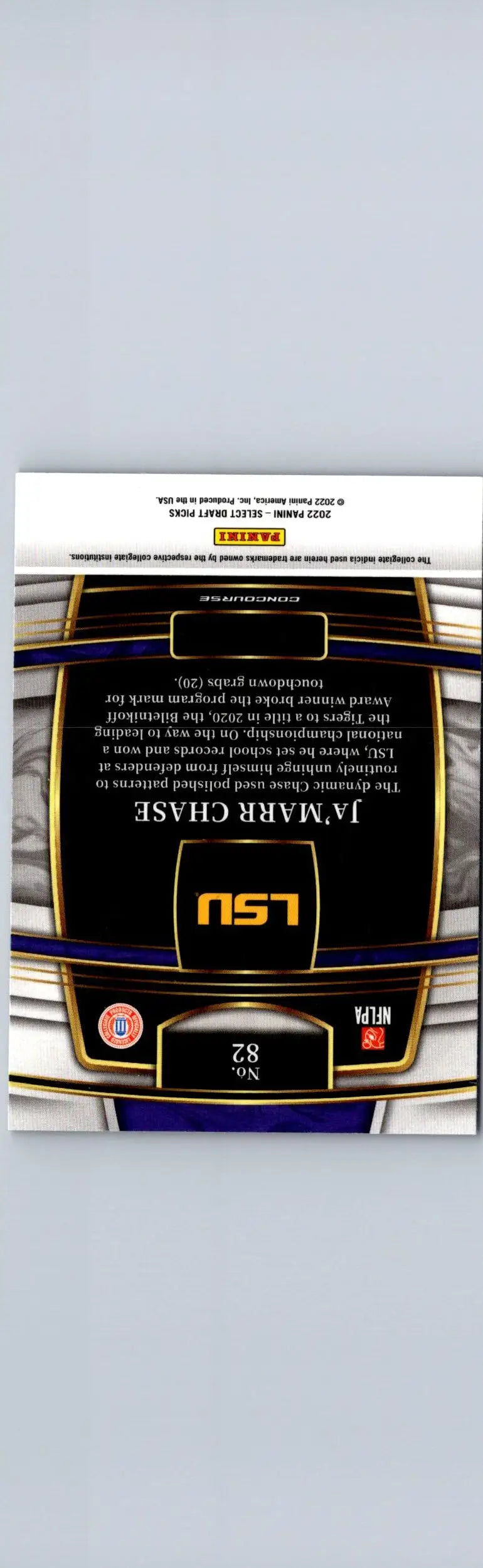 Reverse side of a Ja’Marr Chase LSU football trading card from 2022 Panini Select Draft Picks