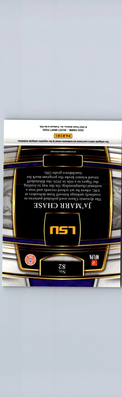 Reverse side of a Ja’Marr Chase LSU football trading card from 2022 Panini Select Draft Picks