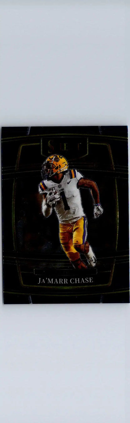 Football trading card featuring Ja’Marr Chase in LSU white and gold from Panini Select Draft Picks