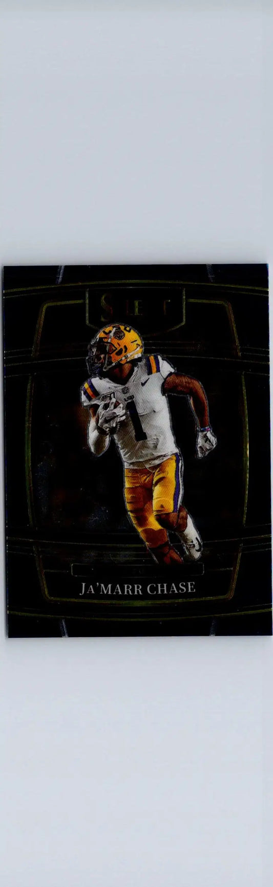 Football trading card featuring Ja’Marr Chase in LSU white and gold from Panini Select Draft Picks