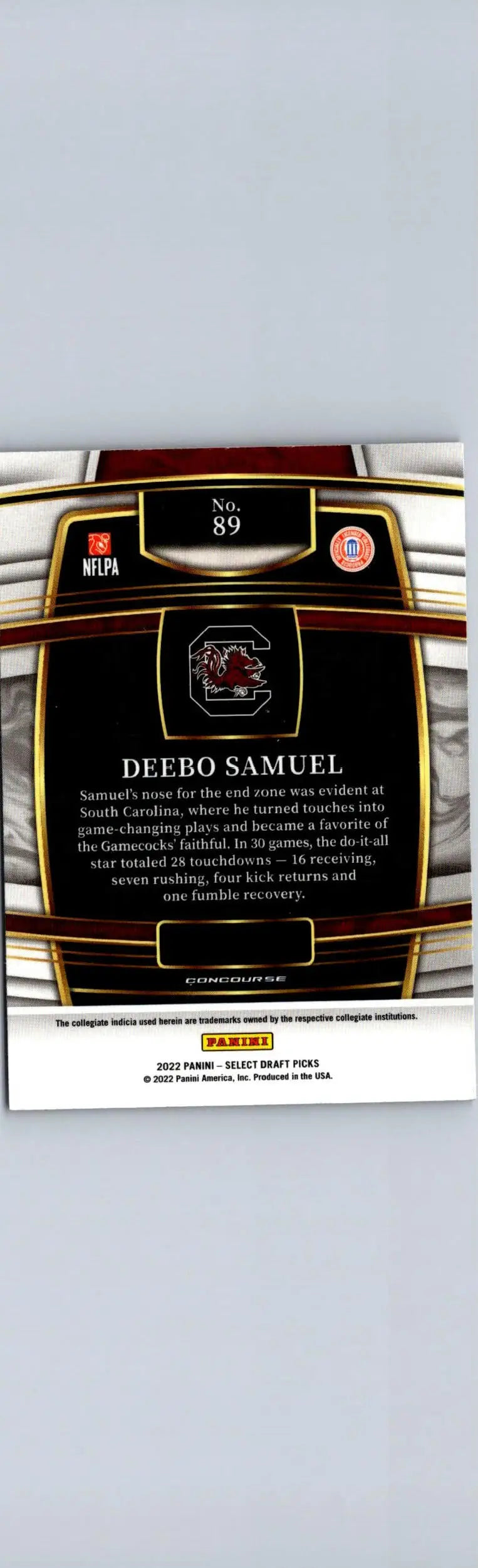 Deebo Samuel football card from 2022 Panini Select Draft Picks product