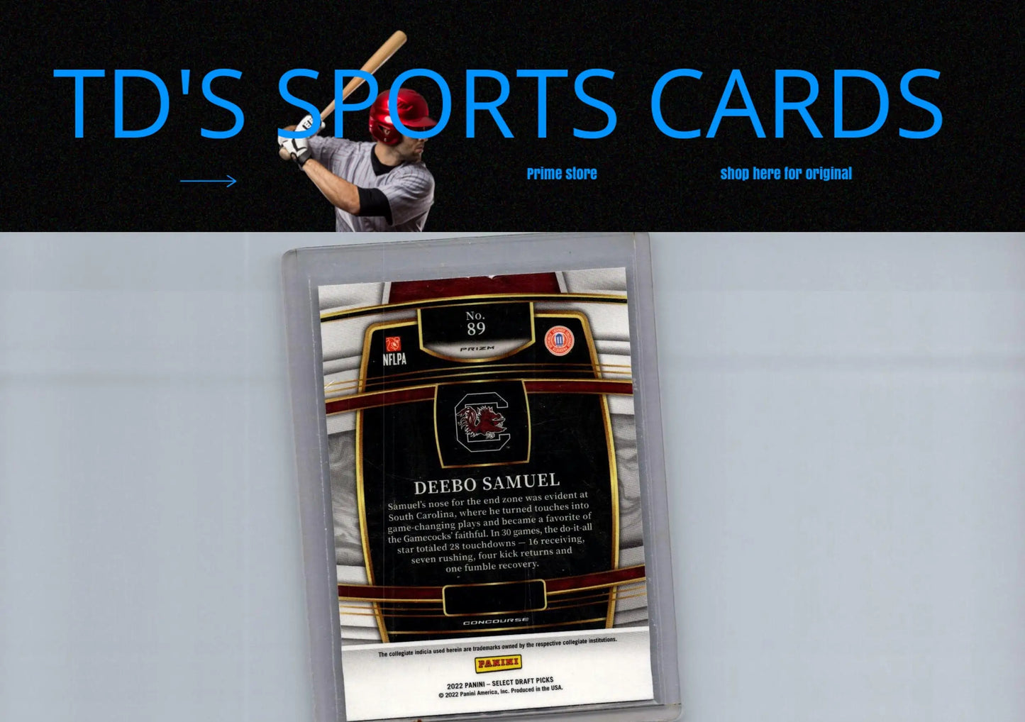 Deebo Samuel football trading card in protective sleeve from 2022 Panini Select Draft Picks
