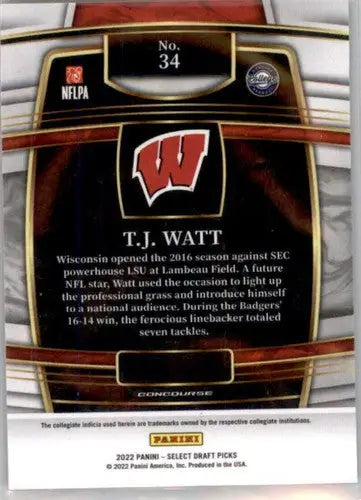 2022 Panini Select Draft Picks Blue #34 T.J. Watt NM Near Mint Concours ID:66458 - Trading Cards
