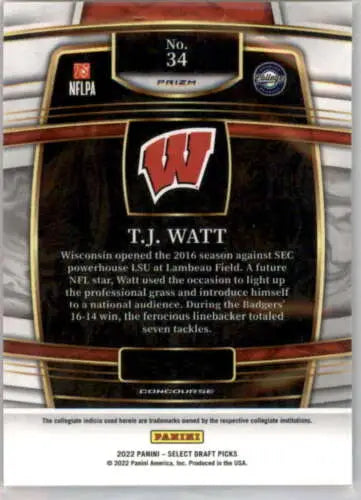 T.J. Watt 2022 Panini Select Draft Picks Red Lazer Prizm original gloss football card