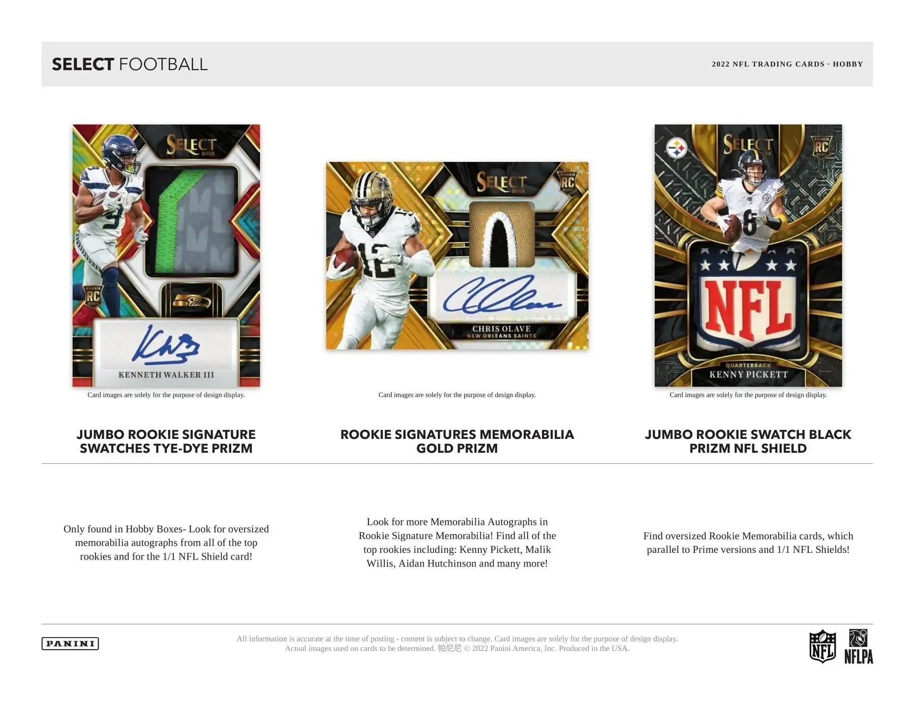 2022 Panini Select Football Hobby Box with Football trading cards, Prizm Max, Premier Level, Rookie Signature