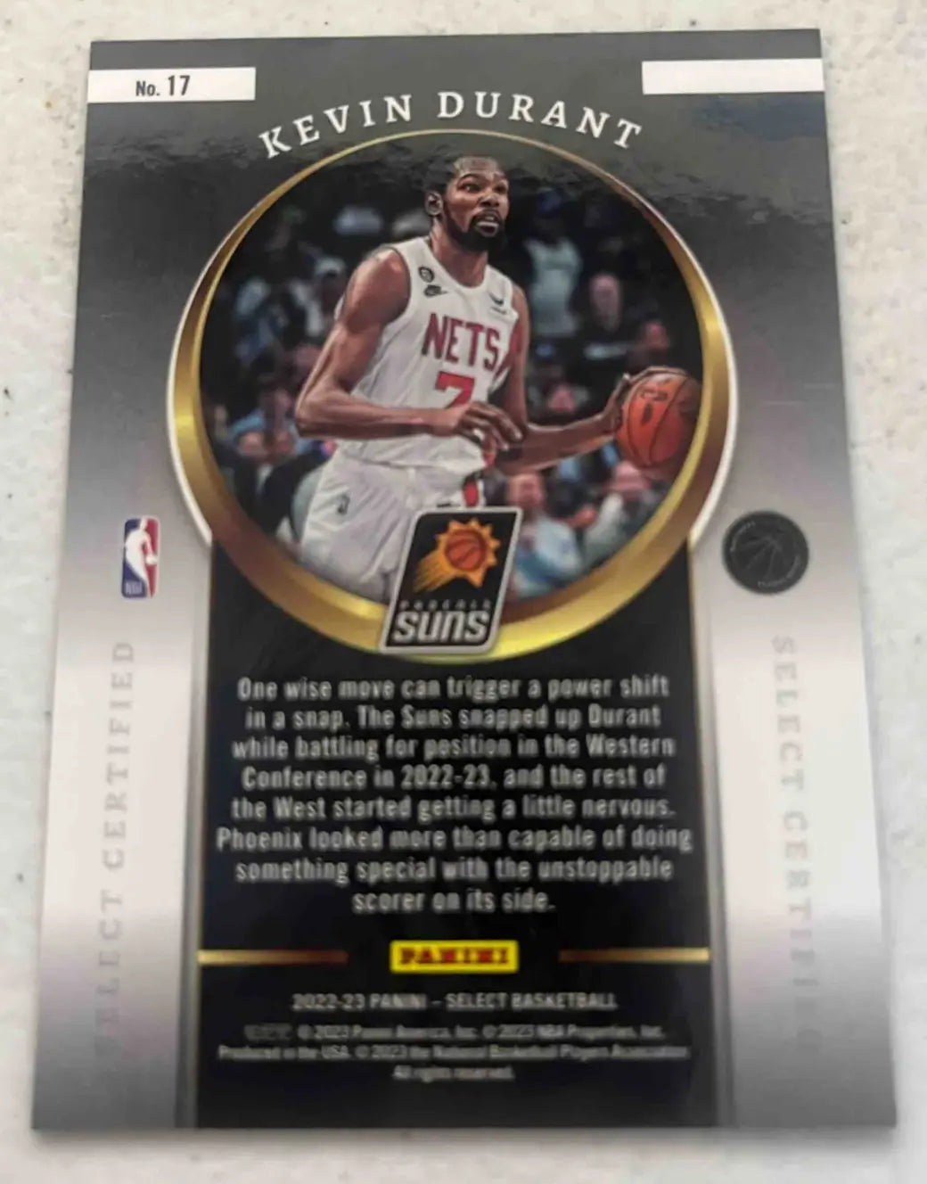 Kevin Durant Phoenix Suns trading card from 2022 Panini Select Kevin Durant Certified Silver Prizms