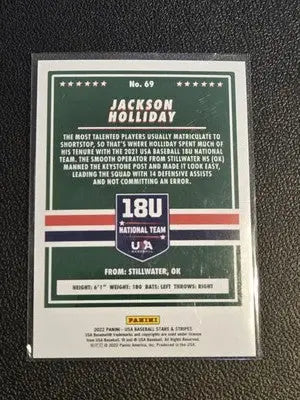 Baseball card featuring Jackson Holliday Longevity from 2022 Panini Stars & Stripes USA Baseball
