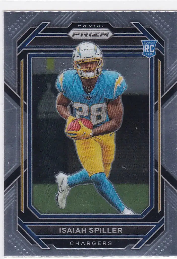 Football trading card of Isaiah Spiller running with the ball for Spiller RC Chargers