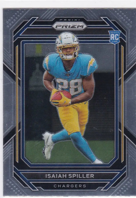Football trading card of Isaiah Spiller running with the ball for Spiller RC Chargers