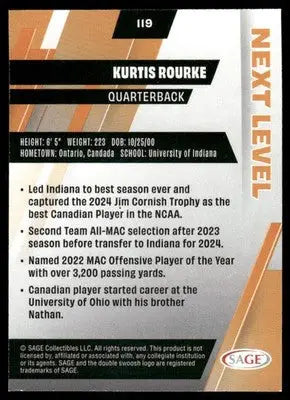 Back of a 2022 Sage Next Level Kurtis Rourke #119 Football trading card with stats
