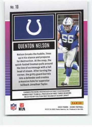 Quenton Nelson 2022 Score #10 NM-MT Colts football card with original gloss finish
