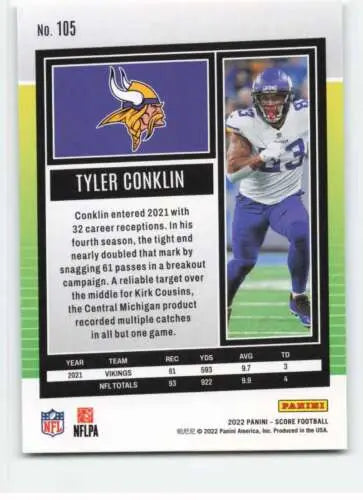 2022 Score #105 Tyler Conklin football card with original gloss from Simply Sandoval