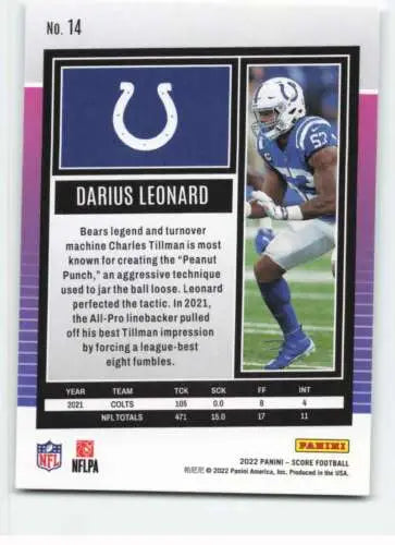 Shaquille Darius Leonard 2022 Score football card with original gloss finish