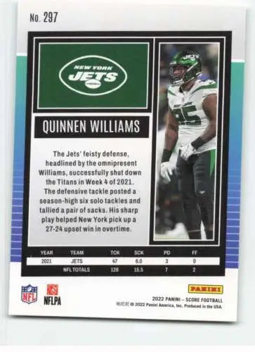 Quinnen Williams football card 2022 Score #297 original gloss NY Jets Simply Sandoval