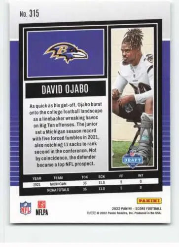 David Ojabo 2022 Score #315 NM-MT RC Rookie card with original gloss for collectors
