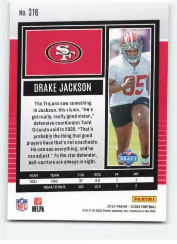 Drake Jackson football card 2022 Score #316 NM-MT RC original gloss 49ers Simply Sandoval
