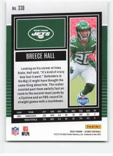 Breece Hall football card 2022 Score #330 NM-MT RC original gloss NY Jets by Simply Sandoval