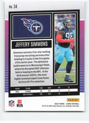 Jeffery Simmons football card 2022 Score #34 NM-MT Titans original gloss Simply Sandoval