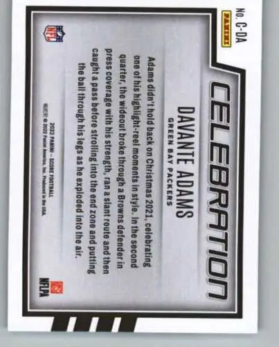 Davante Adams football card from 2022 Score Celebration featuring original gloss finish