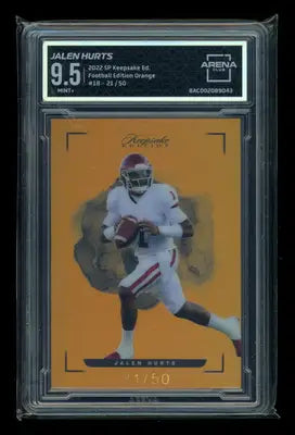2022 Signature Keepsake Football Edition Orange Jalen Hurts trading card with Mint+ 9.5 rating