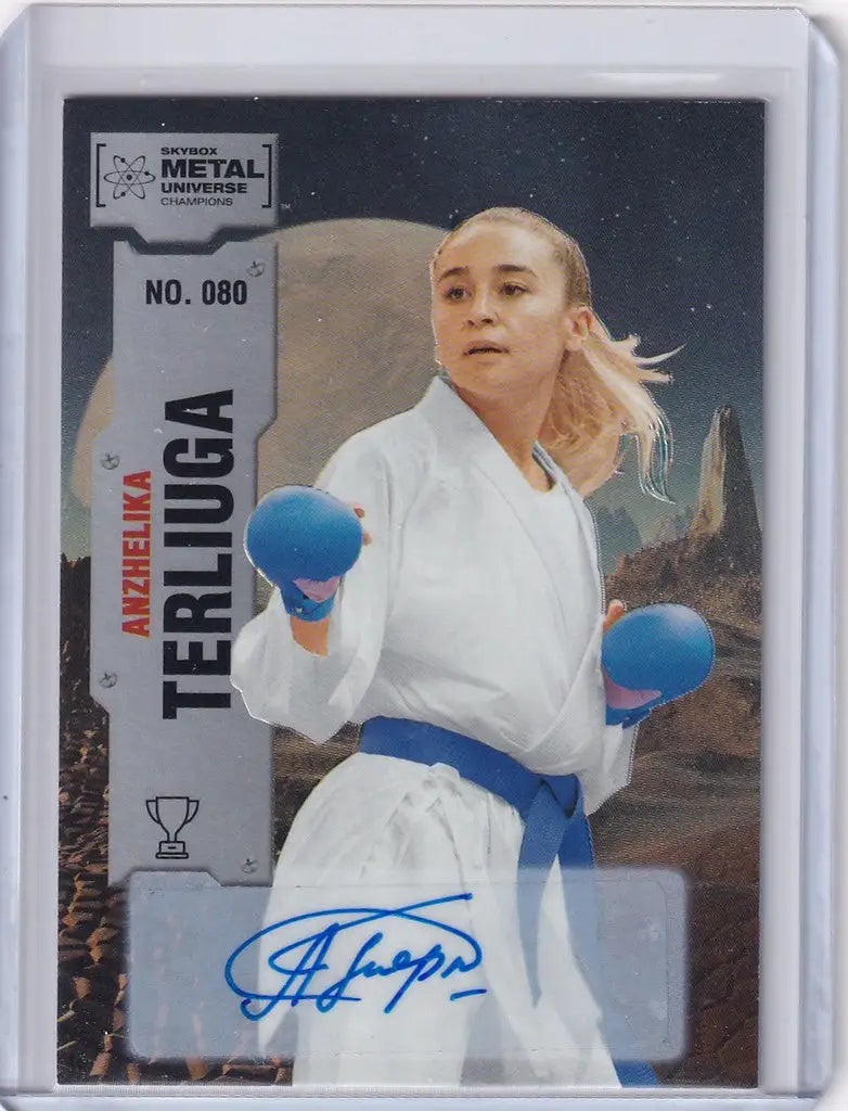 Trading card of Auto Anzhelika Terligua in Skybox Metal Universe with karate athlete